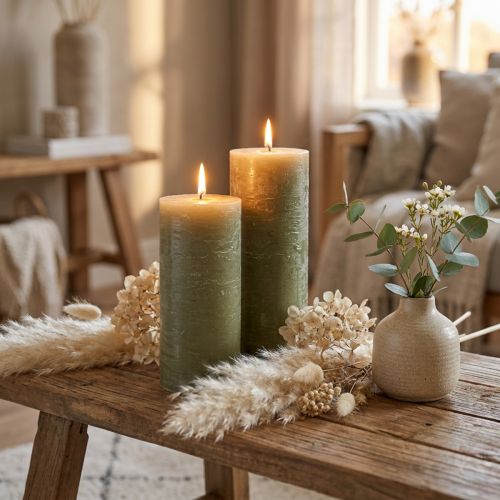 Juego de 2 velas de pilar grandes de color verde oliva, velas decorativas para decoración de mesas y ambiente del hogar, 85 x 200 mm, larga duración de combustión. | Floristik24.es