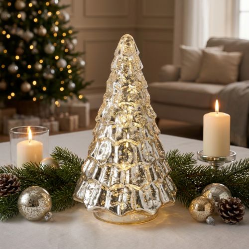 Mini árbol de Navidad con luces LED, plateado y dorado, 28 cm. | Floristik24.es