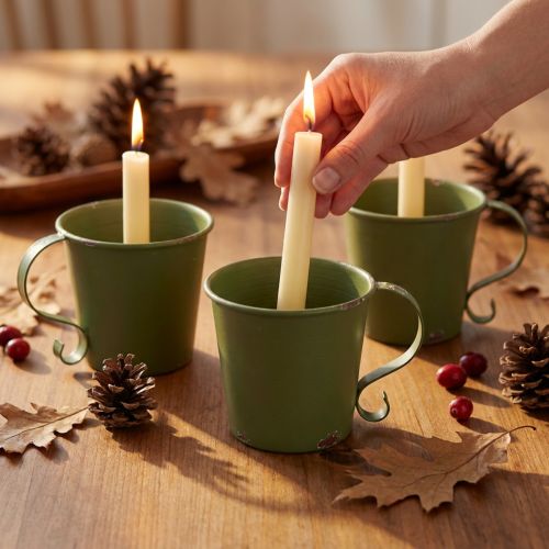 Portavelas de palo taza vintage decoración de metal verde Ø9,5cm H8cm 3ud | Floristik24.es
