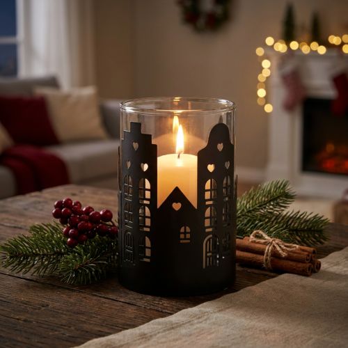 Portavelas silueta de ciudad, farol Navidad Ø8cm H12cm | Floristik24.es