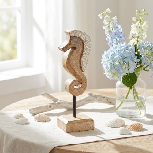 Artículo Decoración de madera de mango caballito de mar con perlas decoración de mesa marítima 20cm