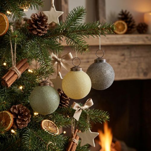 Artículo Adornos navideños de cristal, flocados, amarillo/verde/gris, Ø6 cm, 3 unidades