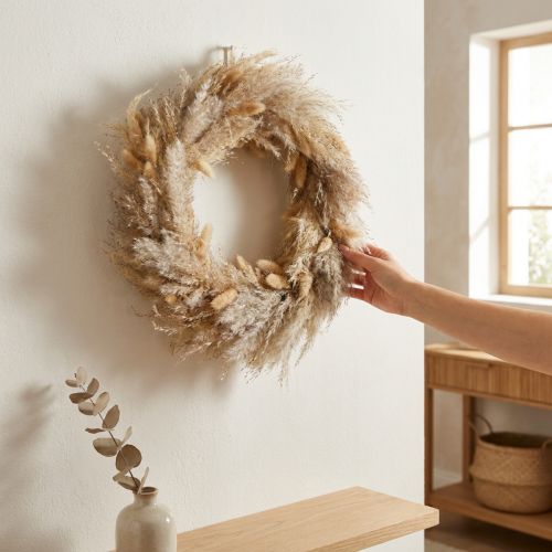 Corona de flores secas, hierba de la pampa, lagurus, decoración colgante boho, decoración natural, corona de pared, Ø31cm | Floristik24.es