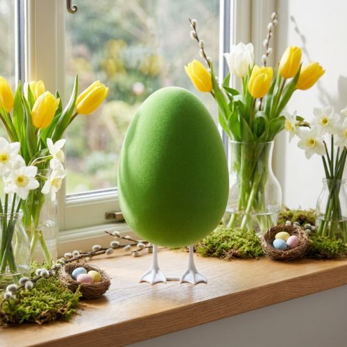 Huevo de Pascua con pies huevo decorativo flocado verde Decoración escaparate Pascua H25cm | Floristik24.es
