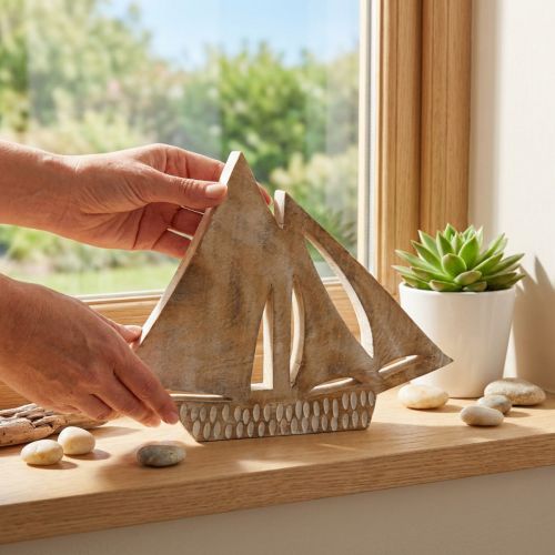 Velero de madera, decoración marinera, barco de madera color natural, blanco H23cm | Floristik24.es
