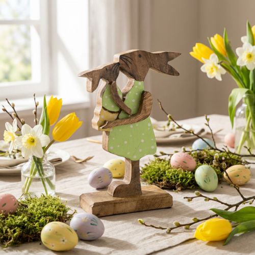 Conejito madre con niño, decoración de Pascua, primavera, conejito de Pascua de madera, natural, verde, amarillo H22cm | Floristik24.es