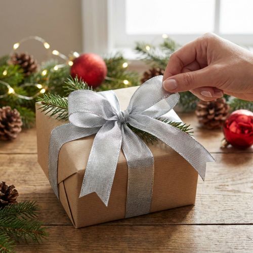 Artículo Cinta de regalo plateada con borde de alambre 25mm 25m
