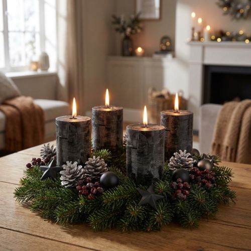 Velas de pilar negras, teñidas en su totalidad, rústicas, 60 x 80 mm, juego de 4, corona de Adviento, decoración | Floristik24.es