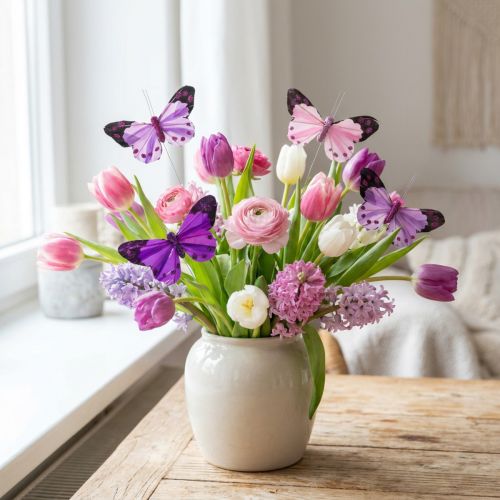 Deco mariposa en alambre plumas mariposas violeta/rosa 9,5cm 12uds | Floristik24.es