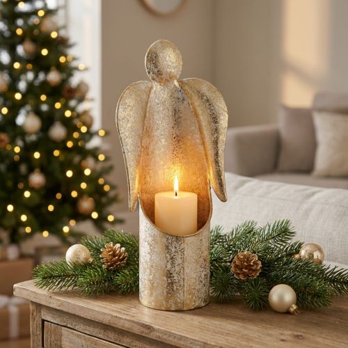 Artículo Figura de ángel para portavelas, color dorado, decoración festiva, 27 cm.