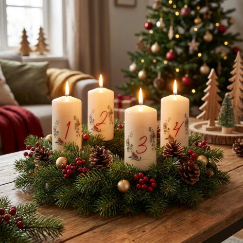 Juego de velas para corona de Adviento 1-4, color crema, motivo navideño, calidad RAL, fabricado en Alemania, 130/70 mm, 4 unidades. | Floristik24.es
