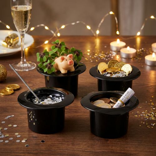 Cilindro decorativo negro, Nochevieja, sombrero como macetero H5,5cm 12 piezas | Floristik24.es