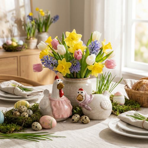 Artículo Figuritas de pollo de cerámica para la sala de estar, linda decoración de mesa de Pascua para el hogar, 11 cm, 2 piezas