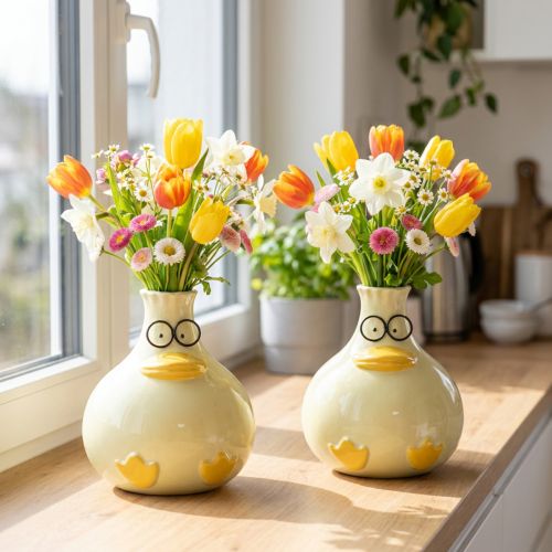 Jarrón con figura de pato, cerámica, diseño alegre, ideal para interiores modernos, 15 cm, 2 piezas | Floristik24.es