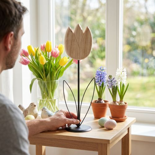 Artículo Figura decorativa de tulipán de madera sobre soporte para un toque primaveral, 47,5 cm