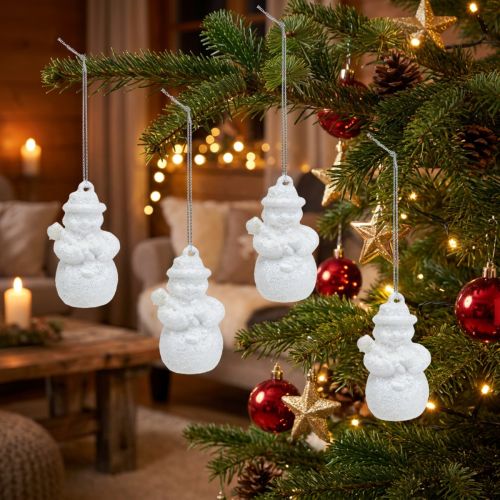 Colgante Muñeco de nieve Blanco con purpurina 4,5cm 12pcs | Floristik24.es