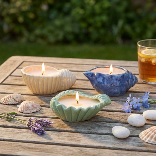 Vela de citronela con forma de concha de cerámica para exterior, 14 cm, 3 unidades | Floristik24.es