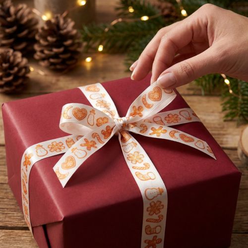 Artículo Cinta de regalo con figuras de pan de jengibre. Cinta festiva para regalos de Navidad. 25 mm x 18 m.