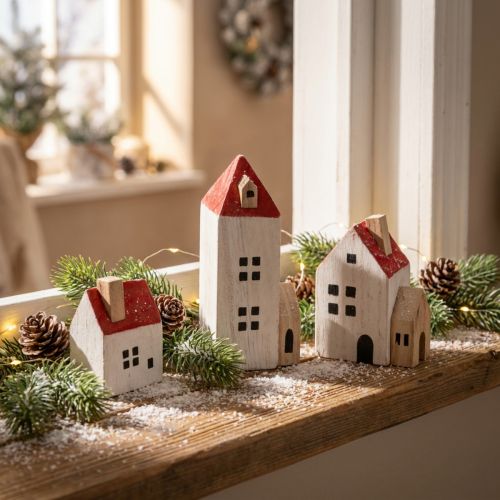 Artículo Conjunto de casita decorativa de madera, roja y blanca, decoración invernal de varias piezas, 13 cm, 6 piezas