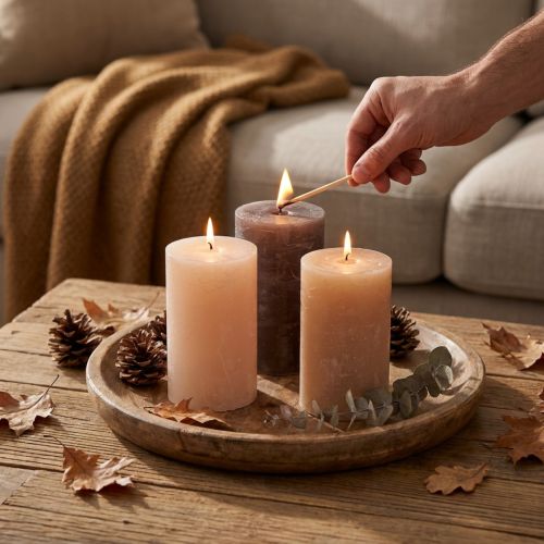 Velas decorativas cilíndricas, mezcla de 3 tonos marrones, color sólido, 70x120 mm, juego de 12 para crear ambiente y decorar el hogar. | Floristik24.es