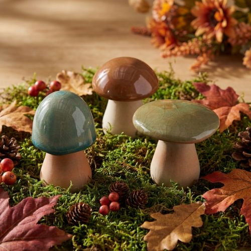 Decoración de cerámica con forma de hongo, colores marrón, verde y azul, ideal para otoño (6-7,5 cm de alto, 3 unidades). | Floristik24.es