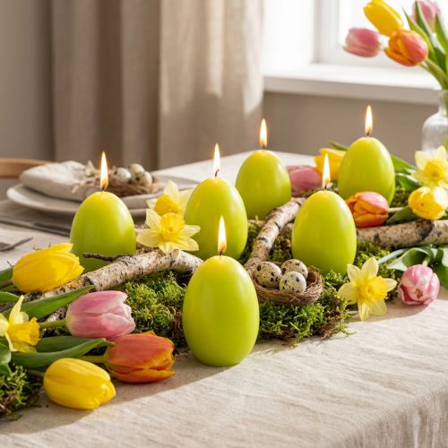 Velas de Pascua con forma de huevo, color verde lima, 9 cm, 20 cm de alto, 6 unidades. | Floristik24.es