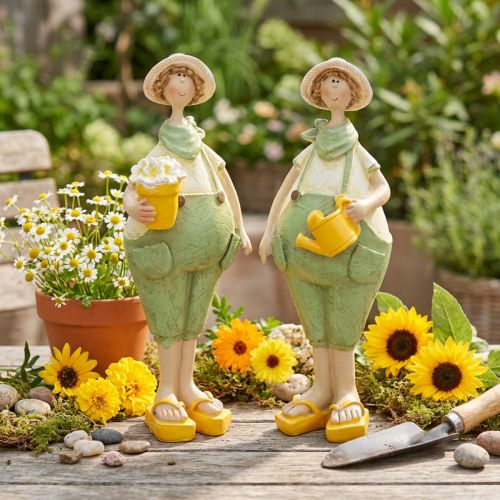 Figuritas decorativas de jardineros, decoración de mesa, verano, verde/amarillo, 16,5 x 5,5 cm, 2 piezas | Floristik24.es
