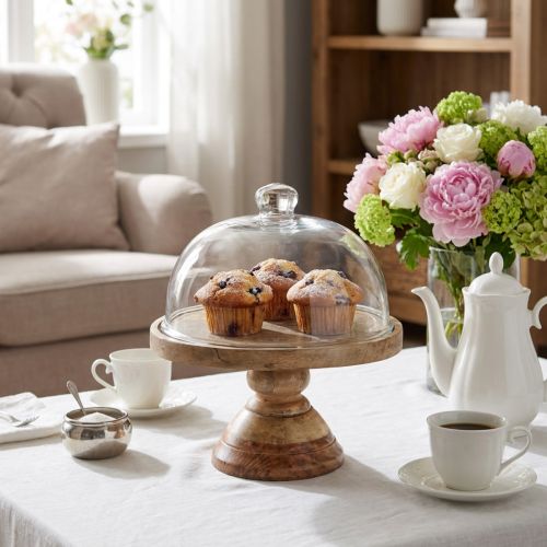 Plato de madera con cúpula de cristal, campana decorativa de cristal, Ø27cm H31cm | Floristik24.es