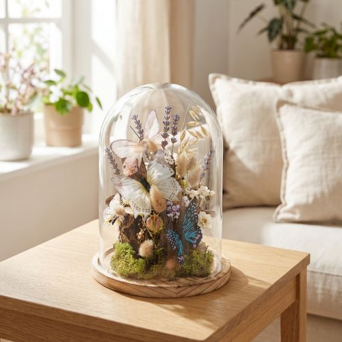 Campana de cristal sobre bandeja de madera, tarro de cristal, transparente, natural, Ø17cm, H24cm | Floristik24.es