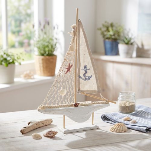 Decoración velero madera pino sobre base blanco natural H39cm | Floristik24.es