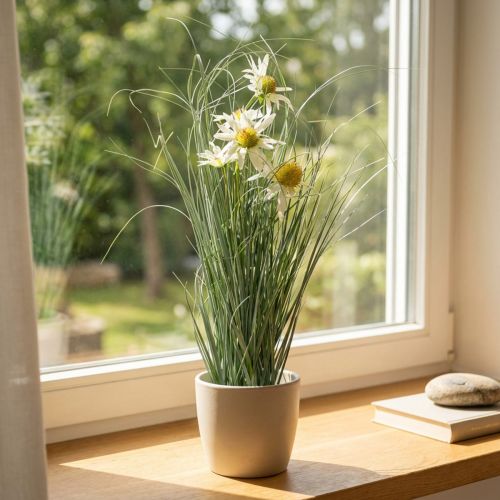 Césped con equinácea artificial en una maceta blanca 56cm | Floristik24.es