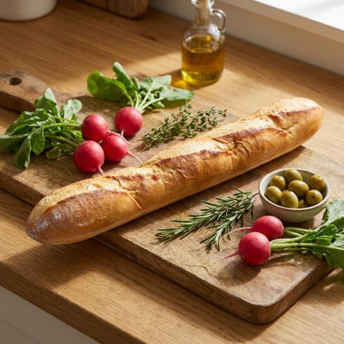 Réplica de baguette decorativa de 38 cm: alimento artificial, imitación de pan para escaparates y decoración de cocinas. | Floristik24.es