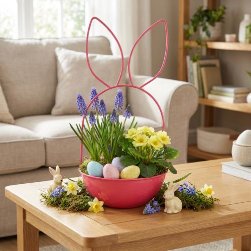 Maceta de Pascua, decoración, conejo, cesta de metal para uso interior/exterior, 33cm | Floristik24.es