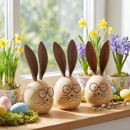 Figura decorativa de conejo en forma de huevo con carácter para decoración primaveral y de temporada, 14 cm, 3 piezas | Floristik24.es