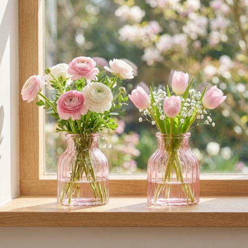 Jarrón de cristal para flores, estilo retro, color rosa, Ø11cm, H14.5cm, 2 piezas | Floristik24.es