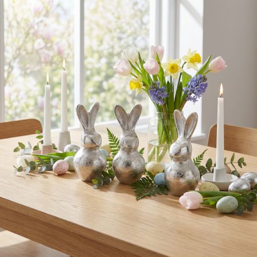 Conejito de Pascua moderno de metal Color plata 11cm 3uds | Floristik24.es