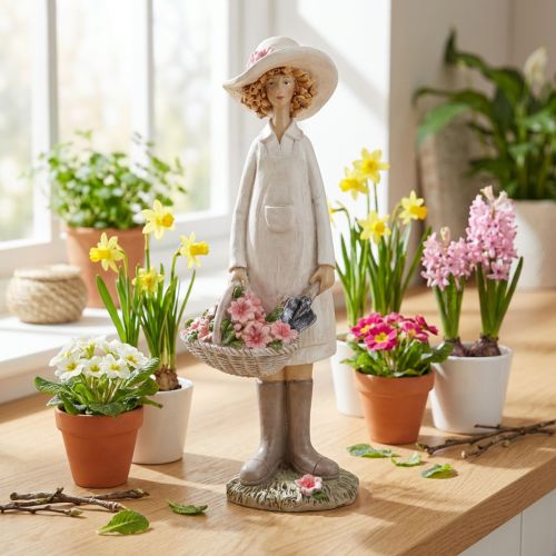 Figuras decorativas jardinera, mujer decorativa con flores, blanco rosa, H21cm | Floristik24.es