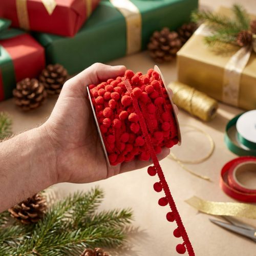 Artículo Cinta decorativa con pompones Cinta Pom Pom Roja 20mm 15m