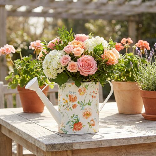 Artículo Regadera decorativa vintage de metal con motivo de rosas, decoración de jardín de verano, maceta nostálgica, 31,5 cm de alto.