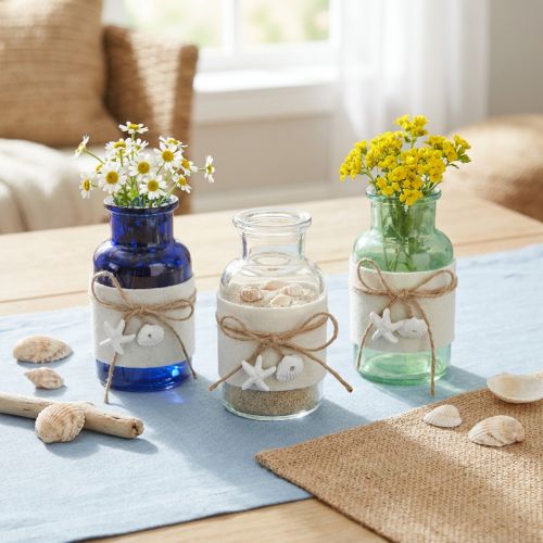 Artículo Jarrones botella marítimos con fieltro azul verde blanco 12,5cm 3uds