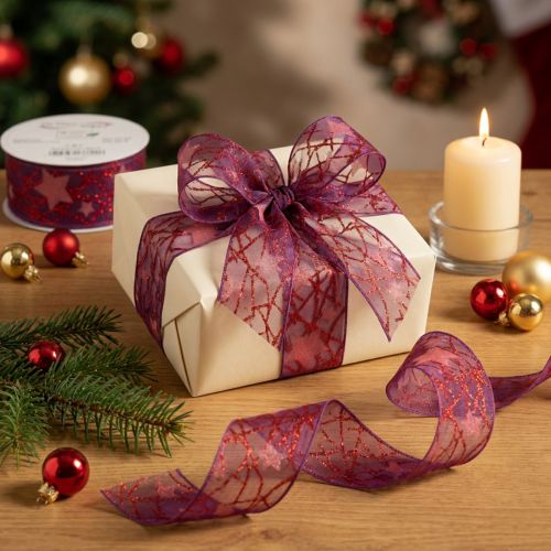 Artículo Cinta decorativa brillante con estampado de estrellas para adornos navideños, 40 mm x 15 m