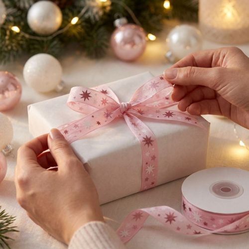 Cinta Cinta de regalo de Navidad estampado de estrellas rosa 15mm 20m | Floristik24.es