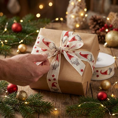Cinta de regalo Cinta navideña gnomo crema 25mm 20m | Floristik24.es