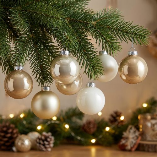 Artículo Bolas de Navidad mixtas, decoración navideña, mini árbol de Navidad blanco/nácar H4,5cm Ø4cm cristal auténtico 24 piezas