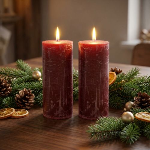 Velas de pilar rojo oscuro con aspecto de mármol, 85 x 200 mm, juego de 2: larga duración para romance y festividad. | Floristik24.es