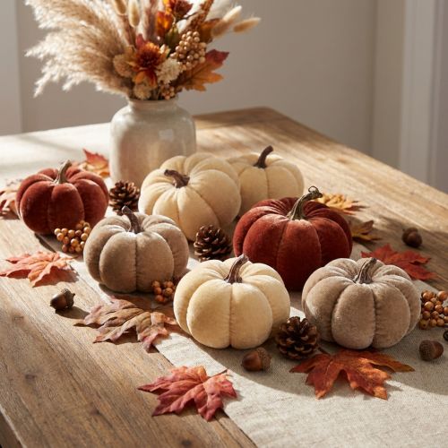 Decoraciones de calabazas, calabazas de tela, amarillo, beige, marrón rojizo, Ø7cm, 9 piezas | Floristik24.es