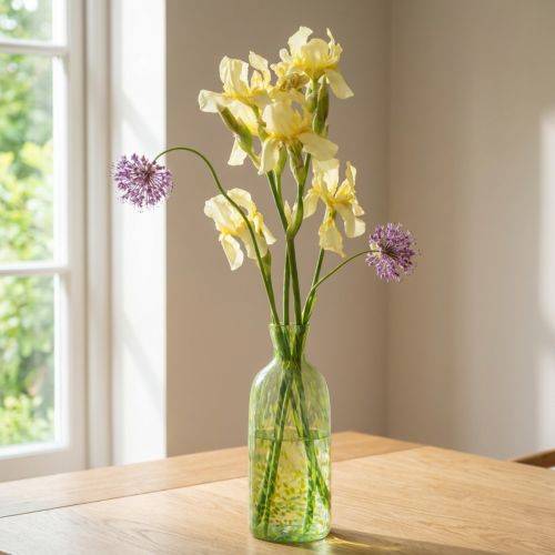 Jarrón decorativo de cristal con flores, diseño amarillo y verde, diámetro 10 cm, altura 25 cm. | Floristik24.es