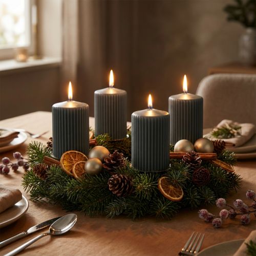 Velas de pilar antracita, velas acanaladas, 70/90 mm, juego de 4, decoraciones de Adviento | Floristik24.es