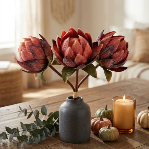 Protea decorativa artificial flores artificiales rojo-naranja 34cm 3 piezas | Floristik24.es