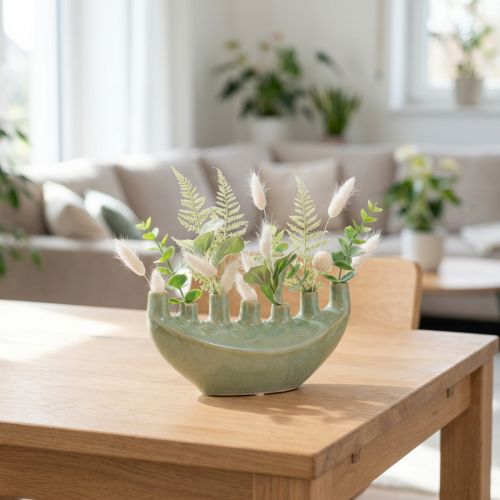 Jarrón decorativo de cerámica con forma de barco, color verde claro, 23 x 8,5 x 11 cm | Floristik24.es